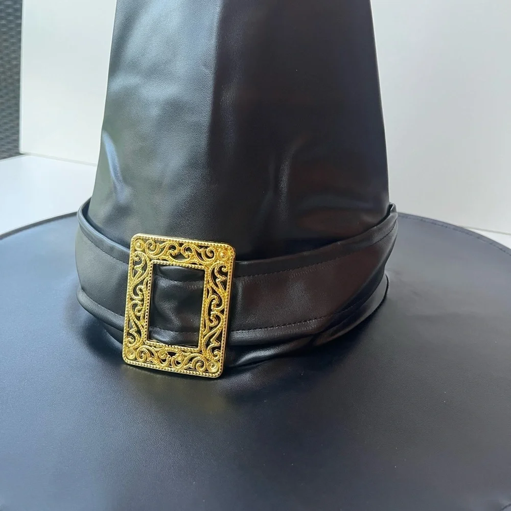 NEW Black Witch Hat with Gold Buckle - Faux Leather Costume